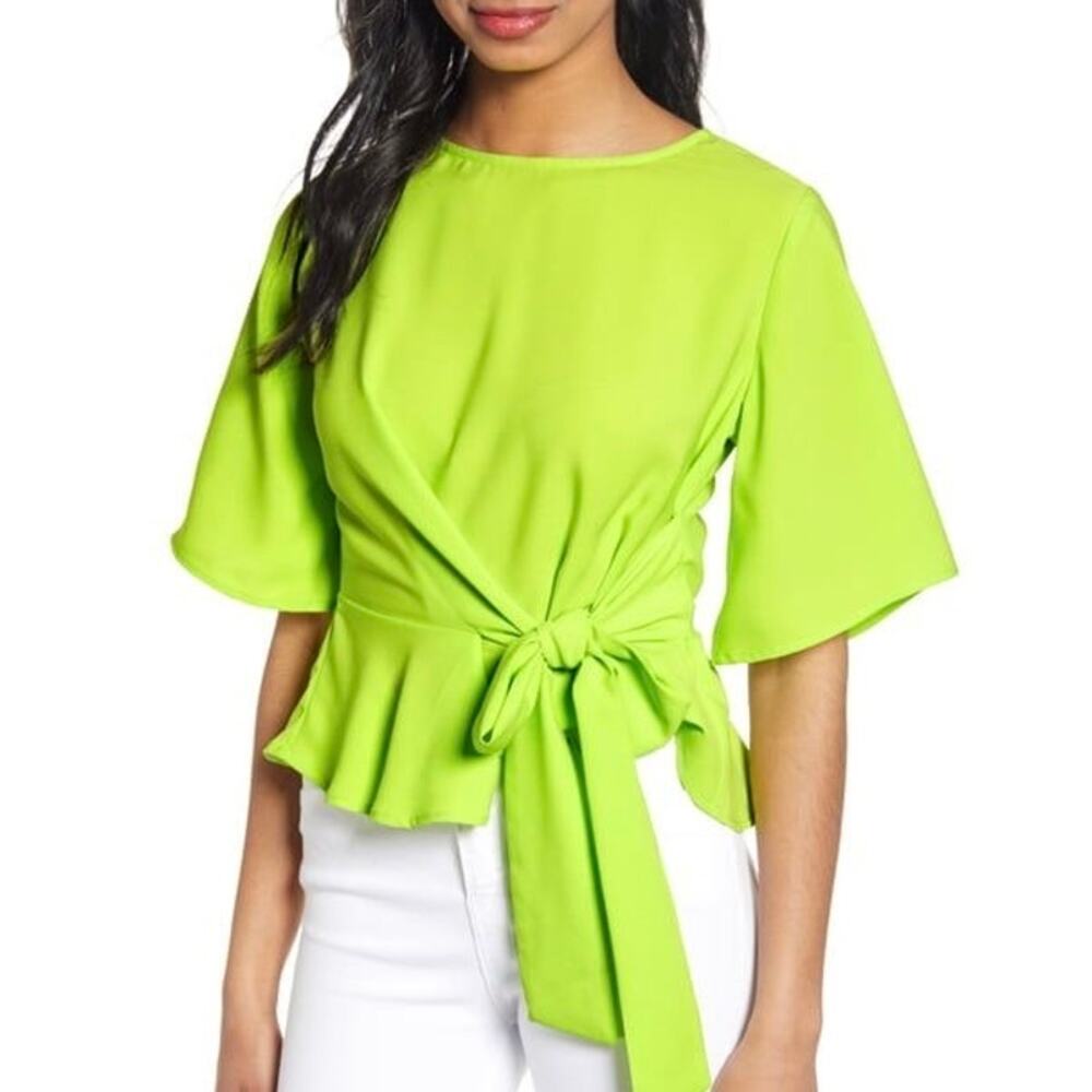 J.O.A. Lime Green Satin Open Back PeplumTop, Side Tie, Flutter Sleeve, Med, NWT